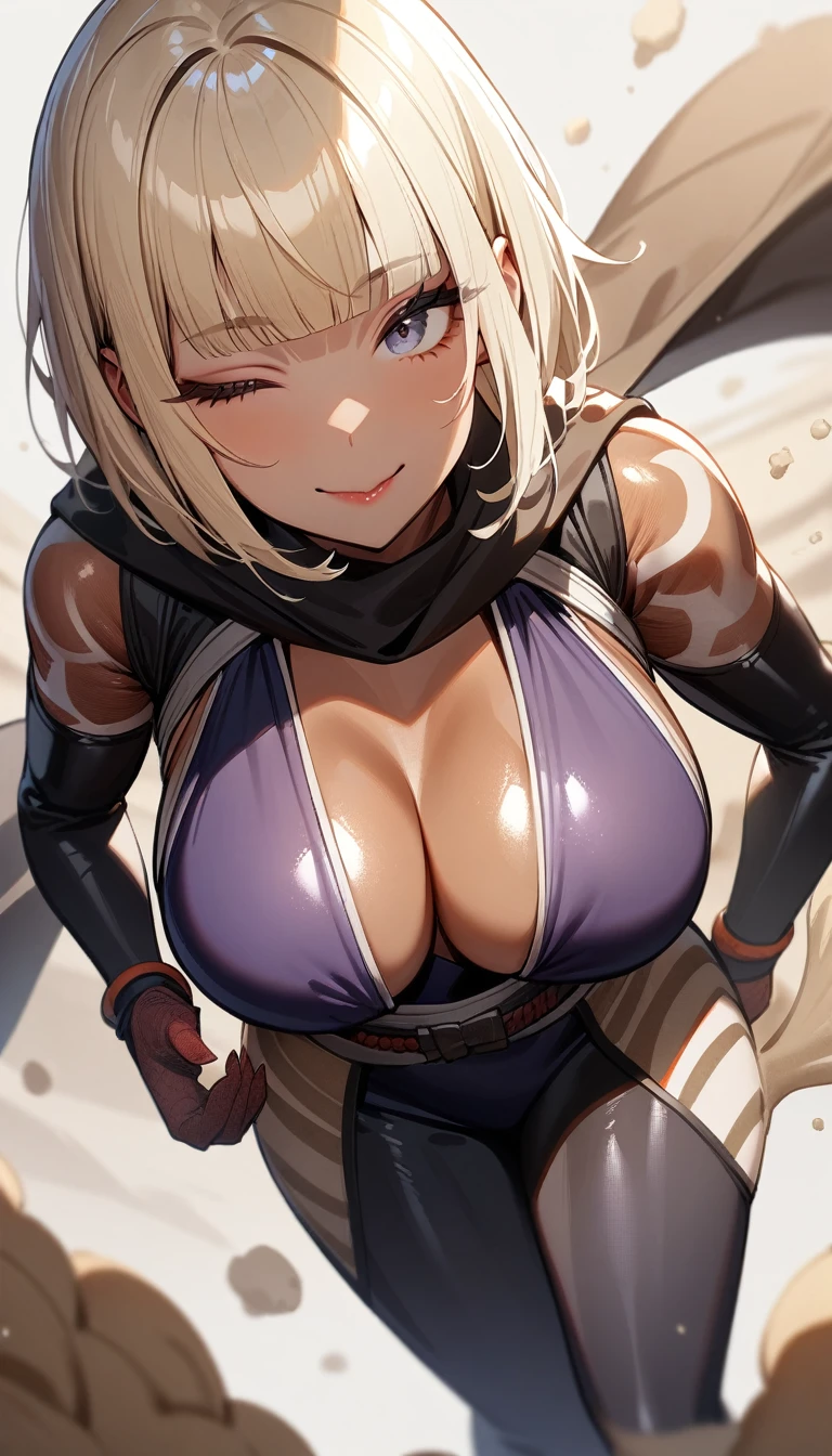 1girl,solo,super detailed skin,shiny skin,tanned skin,angelic smile,pale blonde hair,short hair,hime cut,blunt bangs,half open eye,eyelashes,lips gloss ,large breasts,asymmetry body suit,Shinobi clothes,simple background ,sand magic ,masterpiece,best quality,ultra detailed,high resolution,sharp focus