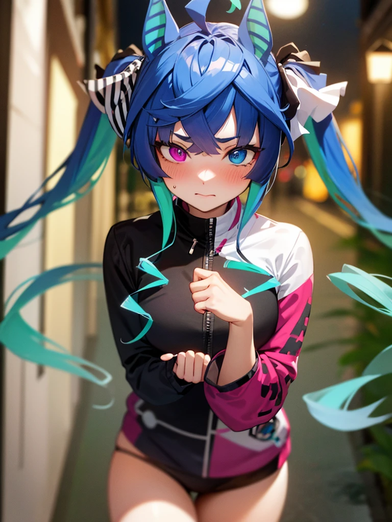 (Masterpiece, best quality, high res、highly detailed cg: 1), A foreign land where the language is not understood, a prostitute inviting with body language, both not understanding each other's words but the intentions are clear, she is using gestures and expressions, street at night, subtle lighting, exotic atmosphere. Twin_Turbo_Umamusume, aqua hair, twintails, heterochromia, purple eyes, blue eyes, small breasts, Blush, half closed eyes