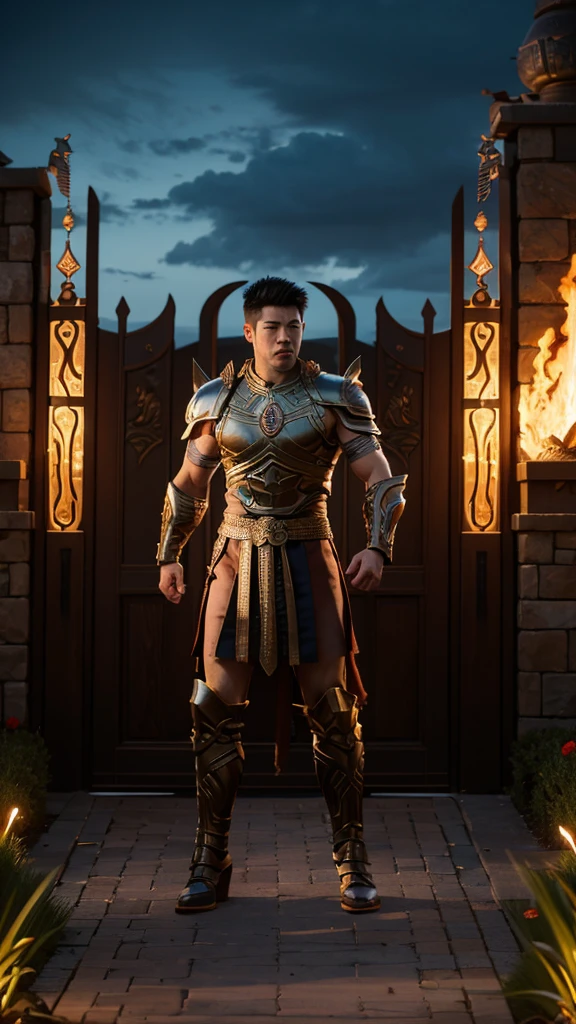 muscular warrior standing in front of a huge entrance gate fire sticks both the sides cloudy sky, detailed warrior, detailed entrance gate, detailed fire sticks, detailed grass, detailed dark sky, best quality, highly detailed, masterpiece, 8k scene.