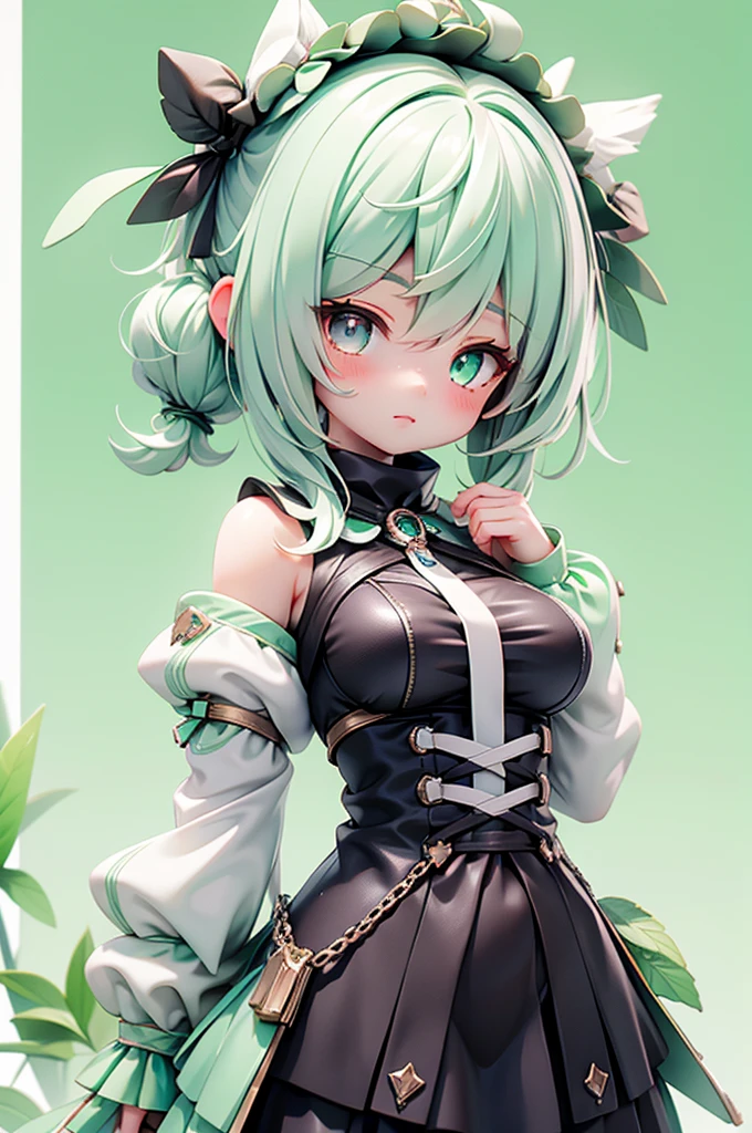 Masterpiece, best quality, mint theme, white hair, mint eyes, black eyes, heterochromia, medium breasts, shiny, chibi