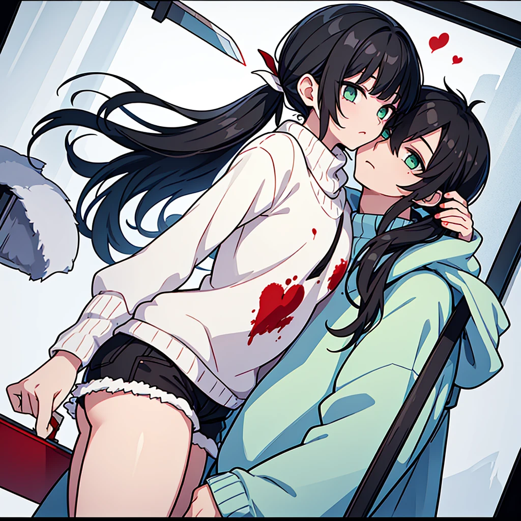 1 only boy... black hair... with bangs and a short ponytail... pastel green eyes... sleepy and serene look... snow white skin... unreal beauty... With a card with a heart in his right hand... And on the left with a knife with blood... The boy is dressed in a white sweater with blood stains... Shorts showing her thighs... Butt a little big... Male gender... With blood on his sweater and right cheek... White background with blood...