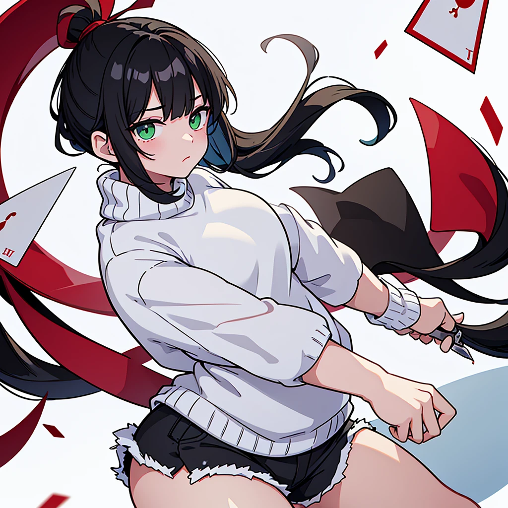 1 only boy... black hair... with bangs and a short ponytail... pastel green eyes... sleepy and serene look... snow white skin... unreal beauty... With a card with a heart in his right hand... And on the left with a knife with blood... The boy is dressed in a white sweater with blood stains... Shorts showing her thighs... Butt a little big... Male gender... With blood on his sweater and right cheek... White background with blood...