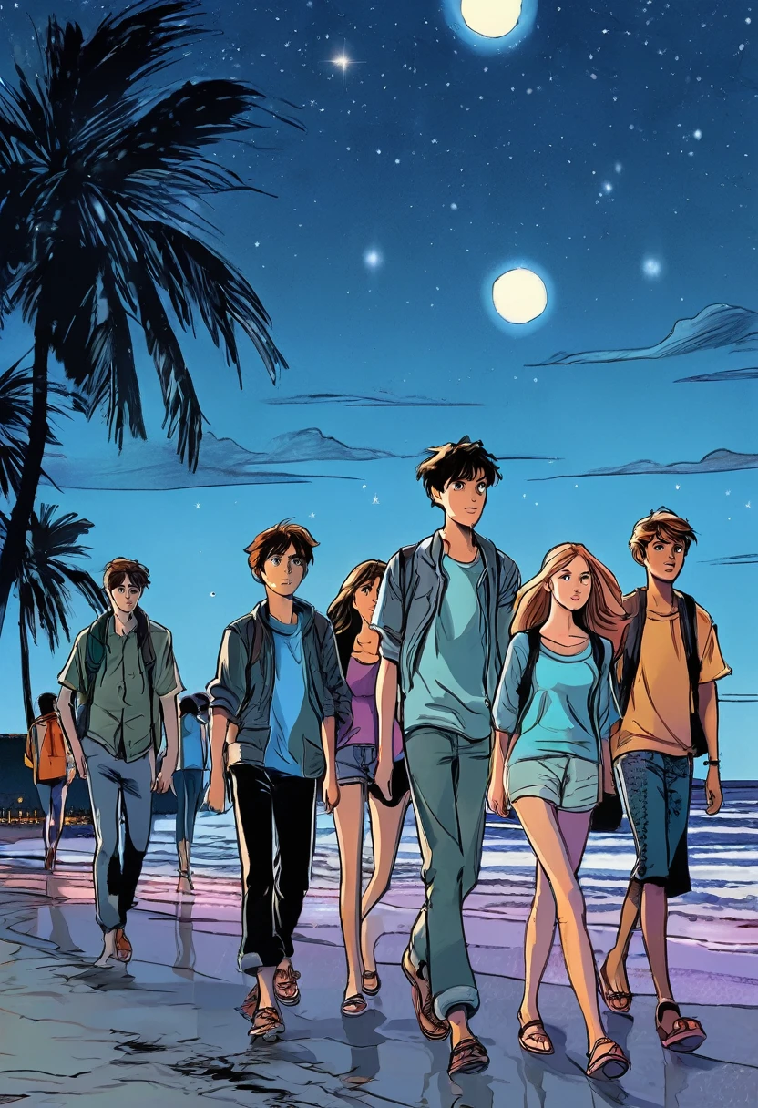 a group of teenagers were walking on the beach at night. manga style, digital art, by Marshall Arisman, cover illustration, 70mm, 7 0 mm, 70 mm, book cover illustration, by Brigette Barrager, album cover, novel cover art for a book, art concept for a book cover, cover art, 7 feet tall,