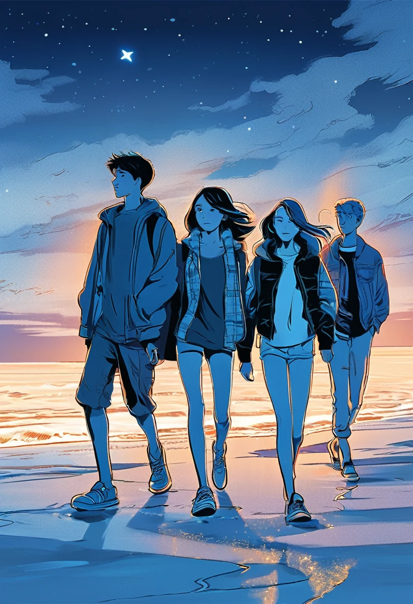 a group of teenagers were walking on the beach at night. manga style, digital art, by Marshall Arisman, cover illustration, 70mm, 7 0 mm, 70 mm, book cover illustration, by Brigette Barrager, album cover, novel cover art for a book, art concept for a book cover, cover art, 7 feet tall,