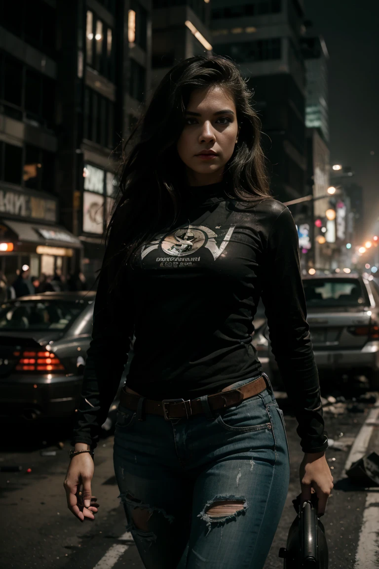 (Highest quality, Ultra HD, 16k, Masterpiece) A powerful girl walks confidently in front of her rugged, futuristic car amidst a chaotic and war-torn metropolis. The shot is a medium to long view, capturing her determined presence and the complete surroundings around her. She gazes ahead with a fierce, unyielding expression, embodying strength and resolve. She wears a fitted tshirt under a stylish jacket and jeans pants, her attire blending practicality with a touch of modern flair. The jacket is detailed with patches, straps, and utility pockets, enhancing her battle-ready appearance. Her hair is tousled and windswept, adding to her dynamic presence. The car behind her is a heavily modified, armored vehicle, its exterior scarred from countless battles. It stands as a testament to her resilience and resourcefulness, with various gadgets and weapons mounted on its frame. The car's sleek, yet rugged design complements the overall gritty atmosphere. In the background, the entire skyline of the metropolis is visible, partially obscured by smoke and ash. Skyscrapers tower amidst the chaos, many of them heavily damaged with gaping holes and crumbling facades. Explosions light up the scene, casting an eerie glow over the widespread destruction. Spaceships hover menacingly in the sky, engaged in fierce aerial battles, their sleek designs contrasting with the devastation below. The ground is littered with debris and remnants of destroyed structures, adding to the sense of a world torn apart by conflict. Scraps of metal, shattered glass, and remnants of vehicles are scattered across the landscape, emphasizing the scale of destruction. The lighting is dramatic, with sharp contrasts that highlight the textures of her attire and the metallic surface of her car. The interplay of light and shadow emphasizes the intense expression on her face and the chaos in the background. Hollywood action movie. Action film, ((tshirt)), (((fully covered tshirt)))