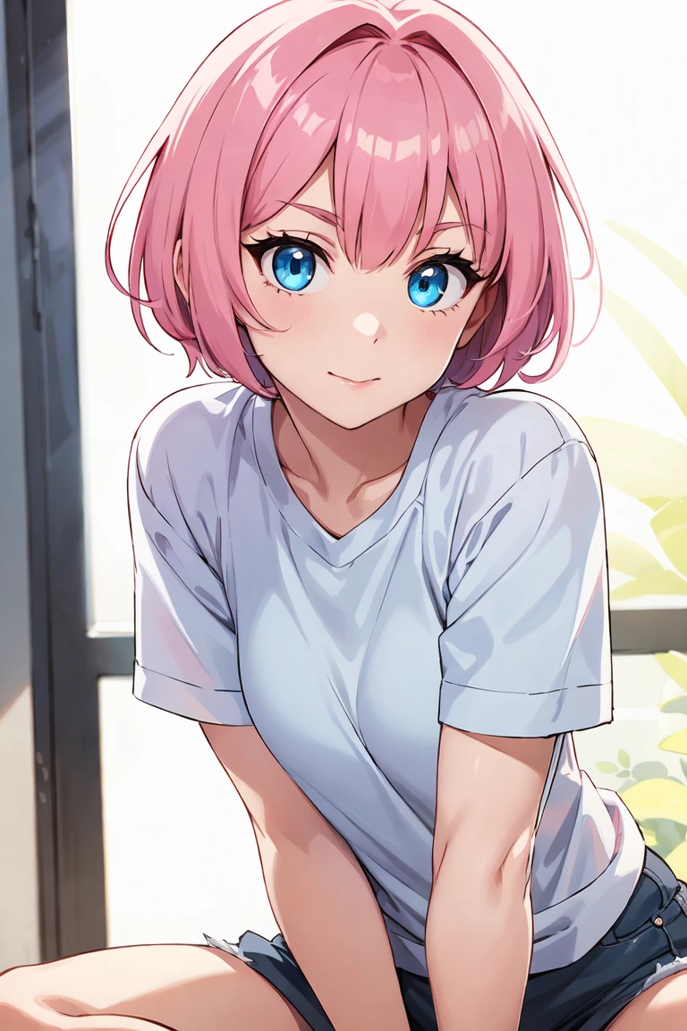 female, pink hair, short hair, bright blue eyes,