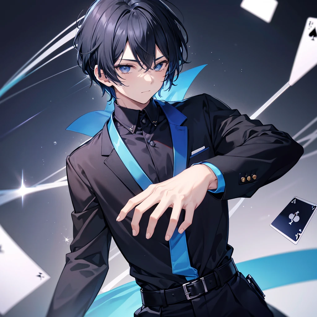 young man teenager ,Black hair has a strong blue sheen. ,Black eyes sparkling blue ,Wear fashionable black and blue shirts. ,Extend your right hand ,In his right hand there was a floating white card.