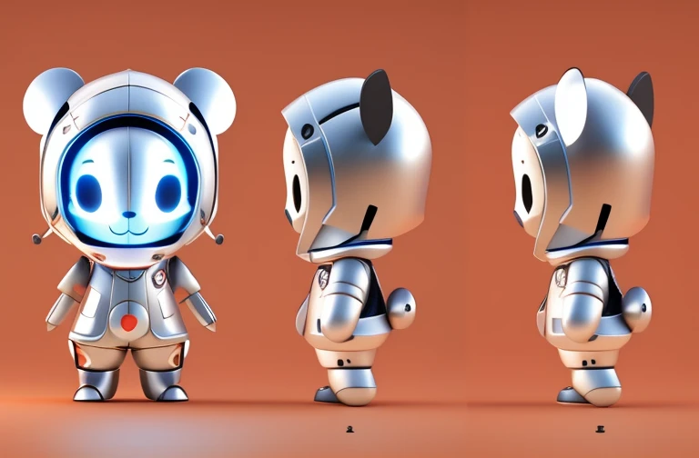 Three different views of a robot wearing a helmet and a suit, a panda in space, high quality character design, Herren. nimbus character design, cute 3 d render, very stylized character design, Stylized character design, 3D model of a Japanese mascot, toon render keyshot, rendered in keyshot, stylized as a 3d render