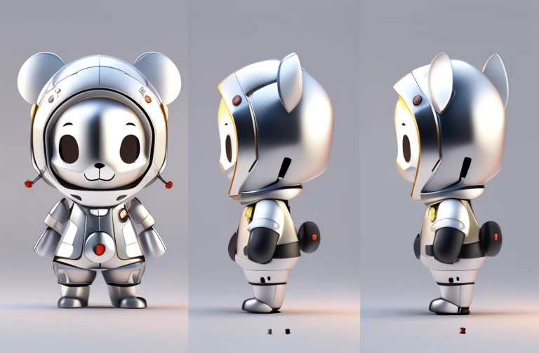 Three different views of a robot wearing a helmet and a suit, a panda in space, high quality character design, Herren. nimbus character design, cute 3 d render, very stylized character design, Stylized character design, 3D model of a Japanese mascot, toon render keyshot, rendered in keyshot, stylized as a 3d render