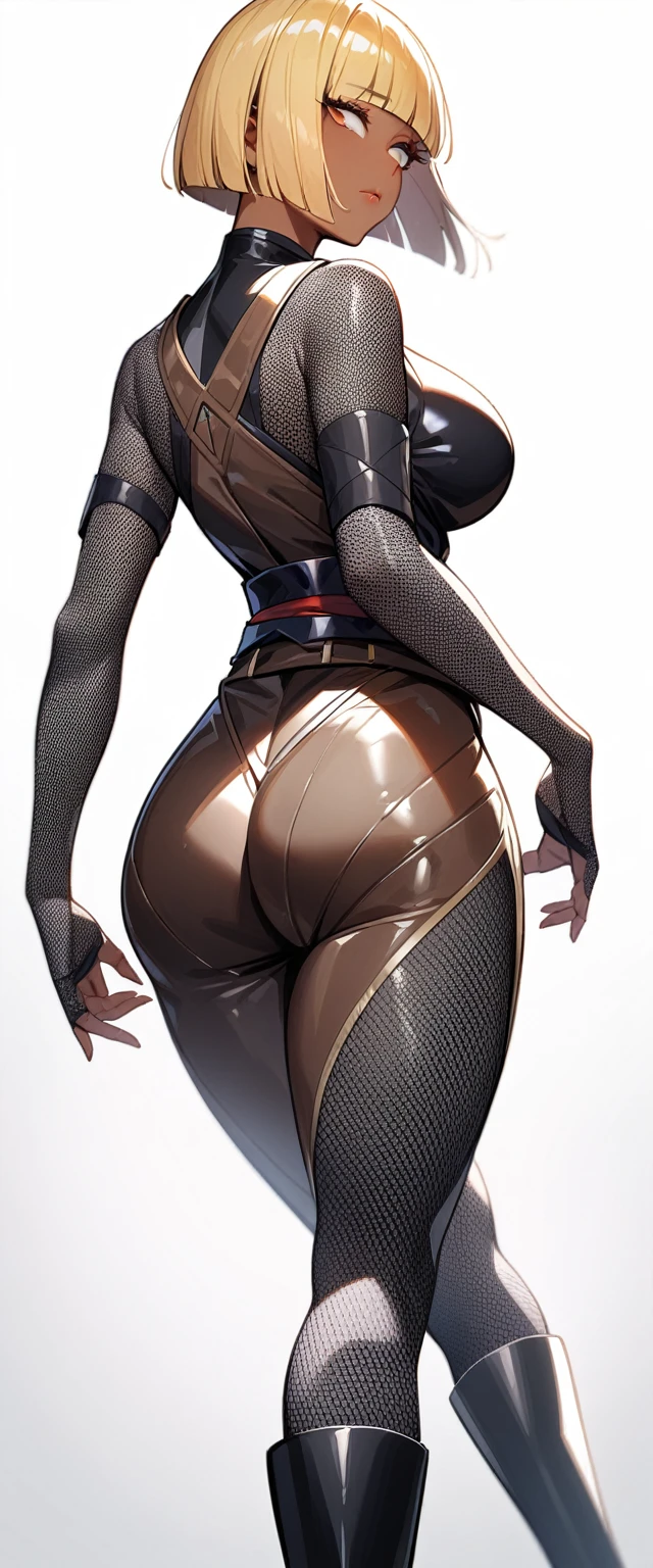 1girl,solo,super detailed skin,shiny skin,tanned skin,expressionless face,gold hair,bob hair,hime cut,blunt bangs,deep detailed eyes,half open eye,eyelashes,lips gloss ,large breasts,asymmetry body suit,Shinobi clothes,black boots,fishnet,standing ,butt ,simple background ,from behind ,wind magically ,masterpiece,best quality,ultra detailed,high resolution,sharp focus