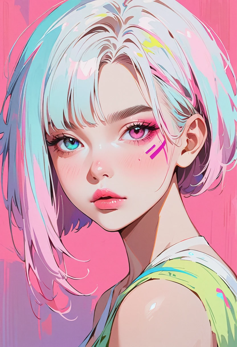 (masterpiece, best quality:1.2), 1 girl, solo, Anime style, Heterochromia, Pink lips,  Cyberpunk style makeup, Short hair in different colors, Long bangs on one side, Purple and pink background.