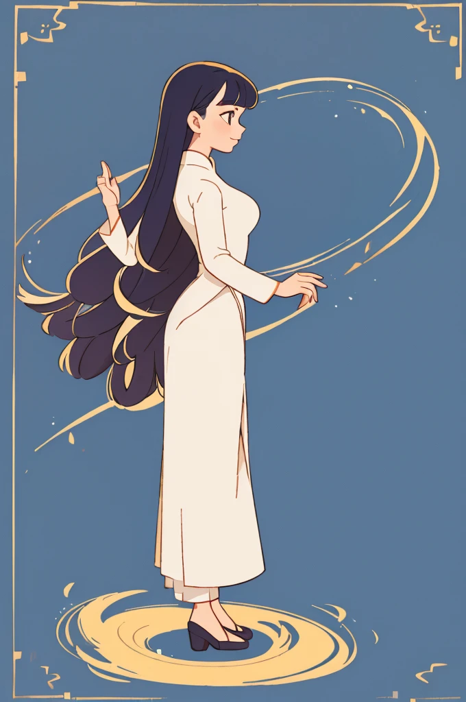 a style illustration of modern Vietnamese girl wearing a long traditional dress ao dai and non la, modern character with clean and detail lines, The girl stands gracefully, her ao dai flowing elegantly, happy expression. Use a basic color palette, The background should be a solid color to highlight the elegance of the character, full body, growth anime style