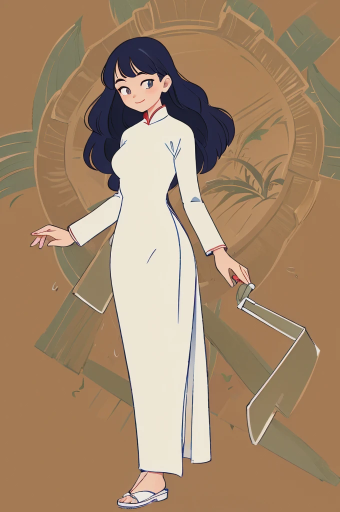 a style illustration of modern Vietnamese girl wearing a long traditional dress ao dai and non la, modern character with clean and detail lines, The girl stands gracefully, her ao dai flowing elegantly, happy expression. Use a basic color palette, The background should be a solid color to highlight the elegance of the character, full body, growth anime style