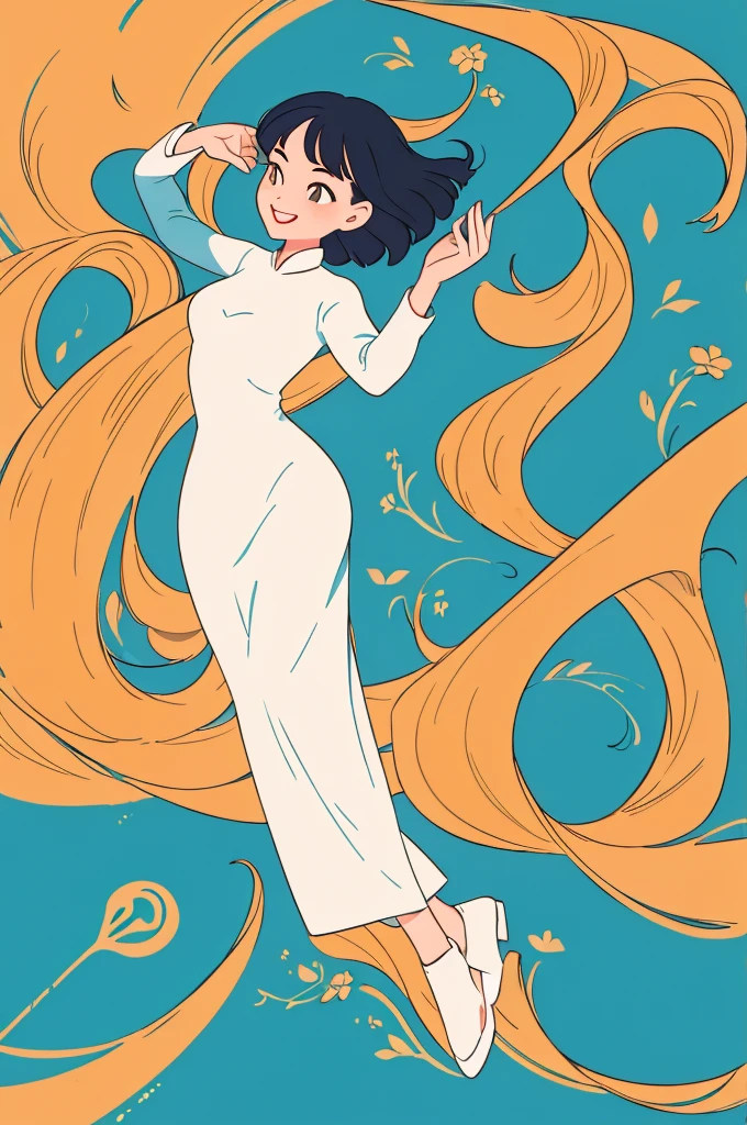 a style illustration of modern Vietnamese girl wearing a long traditional dress ao dai and non la, modern character with clean and detail lines, The girl stands gracefully, her ao dai flowing elegantly, happy expression. Use a basic color palette, The background should be a solid color to highlight the elegance of the character, full body, growth anime style