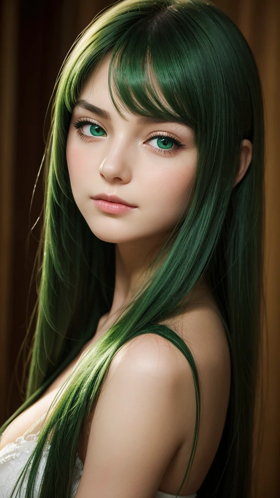 a girl. face sent feeling. Europe. Oval face. long face. delicate facial features. half-closed eyes. seductively seductive. green eyes. long straight hair. green hair. sad expression