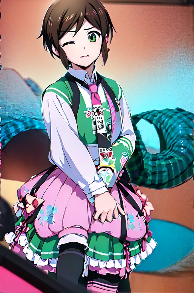 (masterpiece, Highest quality:1.2), Cowboy Shot, alone, 8Year old girl, Kasumi Nanakusa\(Ticker\), Expressionless, Mouth closed, View your viewers, Arms crossed, White shirt, Tucked in shirt, Long sleeve, tie, Black shorts, Green knee socks, pink backpack