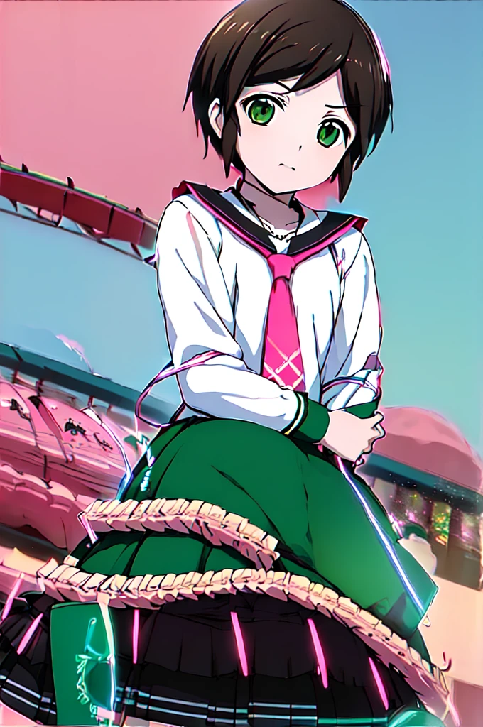 (masterpiece, Highest quality:1.2), Cowboy Shot, alone, ８Year old girl, Kasumi Nanakusa\(Ticker\), Expressionless, Mouth closed, View your viewers, Arms crossed, White shirt, Tucked in shirt, Long sleeve, tie, Black shorts, Green knee socks, pink backpack