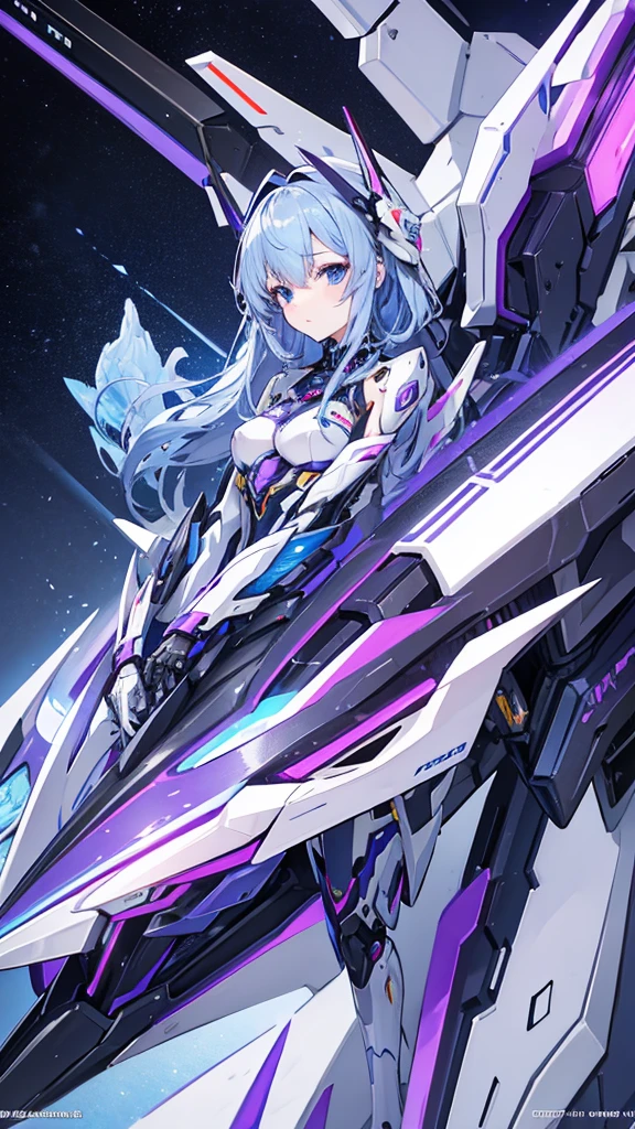 a close up of a robot with a purple and blue suit, concept art inspired by Ei-Q, pixiv contest winner, shin hanga, mechanized valkyrie girl, high detailed official artwork, girl in mecha cyber armor, ferra white mecha, fully robotic!! girl, ethereal and mecha theme, arasaka mech, female mecha、ショートヘア