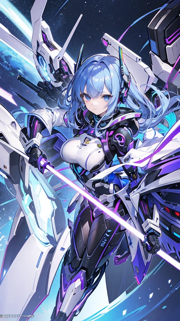 a close up of a robot with a purple and blue suit, concept art inspired by Ei-Q, pixiv contest winner, shin hanga, mechanized valkyrie girl, high detailed official artwork, girl in mecha cyber armor, ferra white mecha, fully robotic!! girl, ethereal and mecha theme, arasaka mech, female mecha、ショートヘア