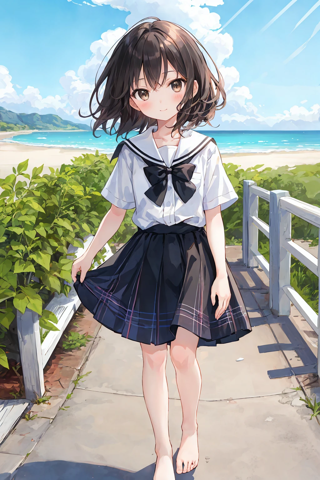 (child)，Highest quality，Beautiful face in every detail，cute，Dark brown eyes，(背の低いcute女の子，Little young student，Young and delicate girl）,（masterpiece，Highest quality)，Black Hair，Embarrassing，blush，Short sleeve white shirt，Plaid white skirt，cute，Adorable，Coquettish，Pathetic，Anatomically correct，beautifully shaped feet，Shortcuts，Look straight ahead，Summer sky