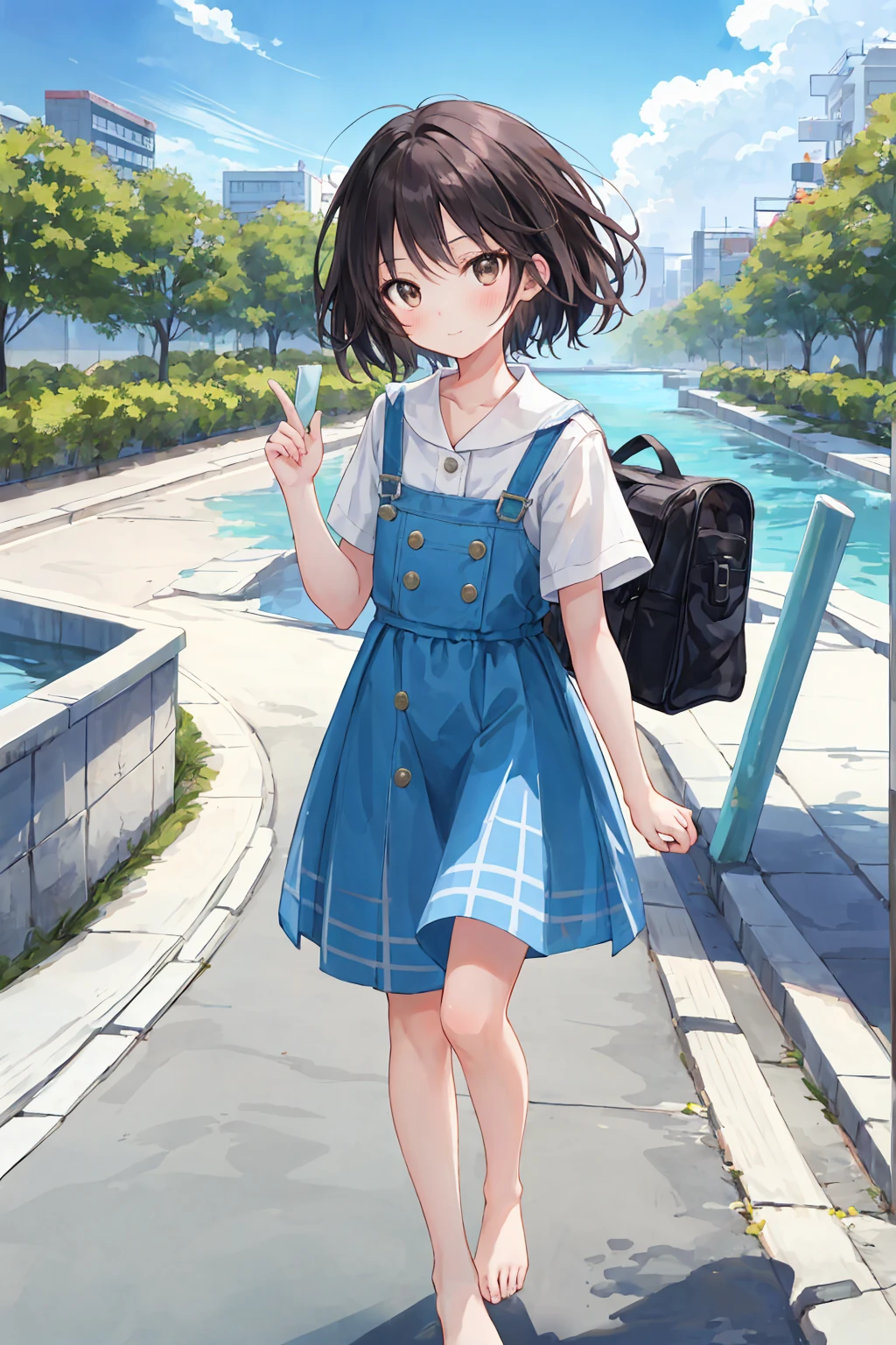 (child),Highest quality,Beautiful face in every detail,cute,Dark brown eyes,(背の低いcute女の子,Little young student,Young and delicate girl),(masterpiece,Highest quality),Black Hair,Embarrassing,blush,Short sleeve white shirt,Plaid white skirt,cute,Adorable,Coquettish,Pathetic,Anatomically correct,beautifully shaped feet,Shortcuts,Look straight ahead,Summer sky