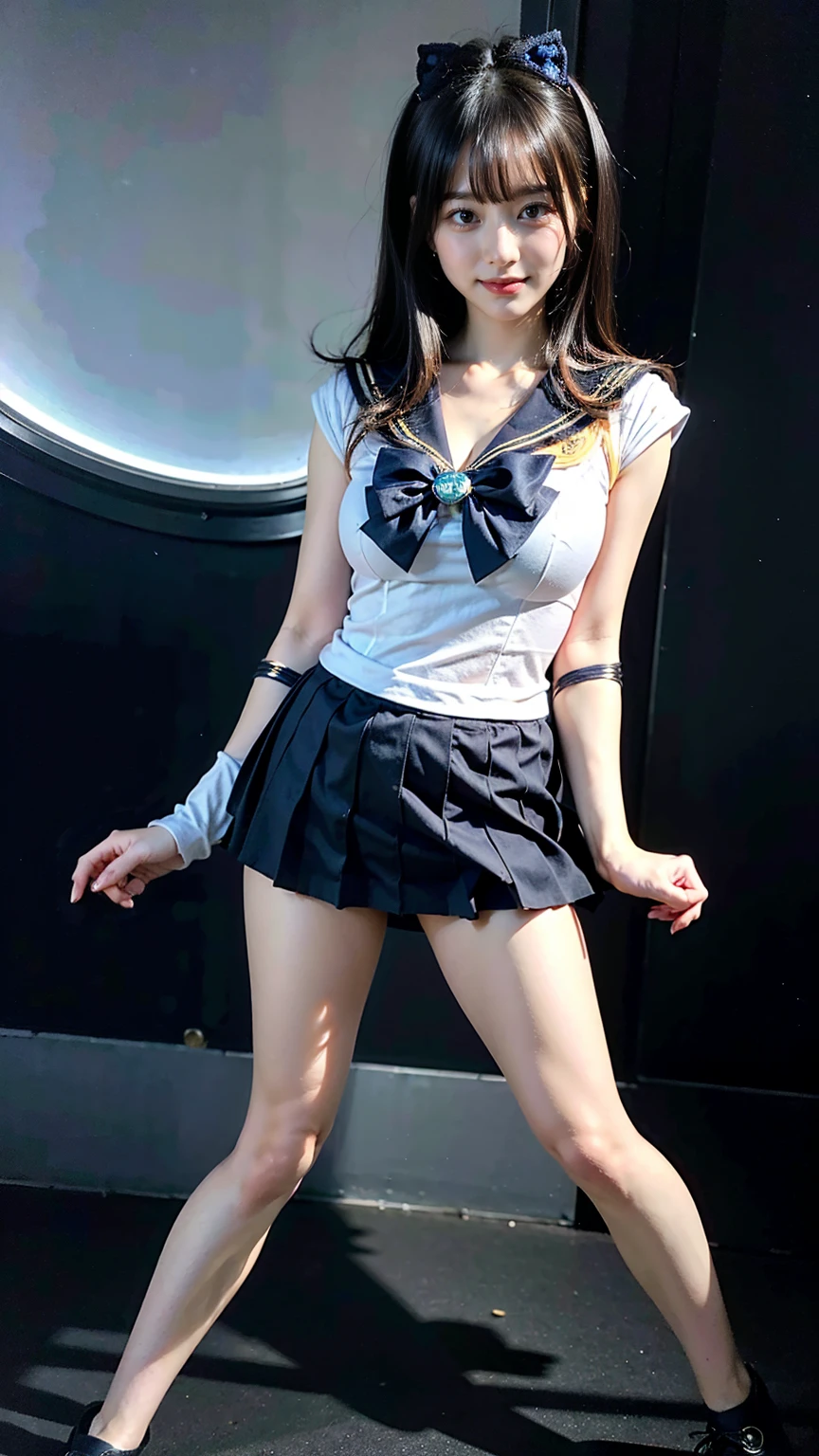 (8k、RAW Photos、Highest quality、masterpiece:1.2)、(Realistic、Realistic)、1 Girl、((Sailor Moon Costume:1.2、Thin legs、whole body、View from the front、smile、Looking into the camera、Hold your skirt with both hands and show me your black panties))、cute、Correct fingers