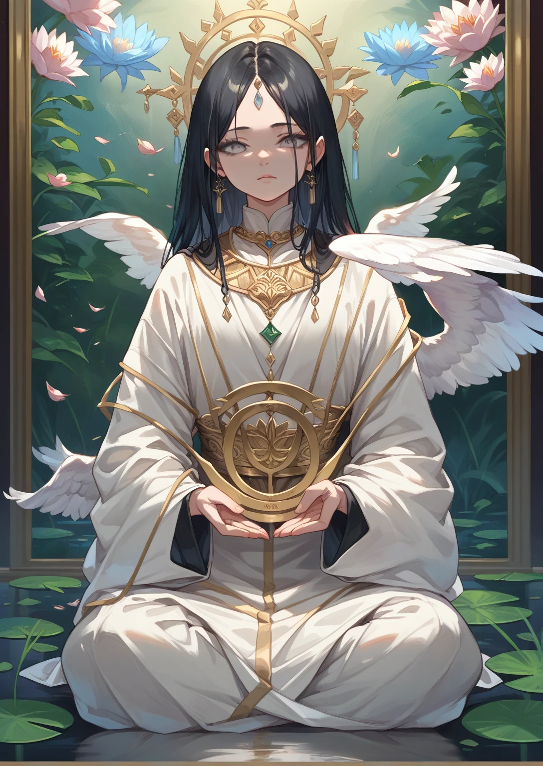 Painting of an angel sitting in a lotus position., Goddess of love and peace, bodhisattva, , queen , meditate , Gray eyes ,black hair , holding a circular knife