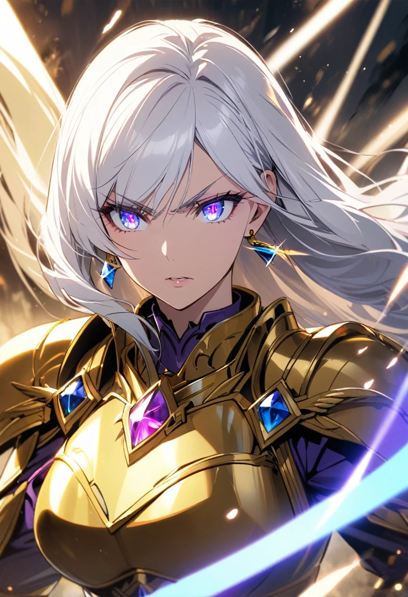 woman, blue eyes, long hair, white hair, mature, god eyes, diamond earings, glowing right eyes, two colors eyes, purple eyes, golden armor, determination