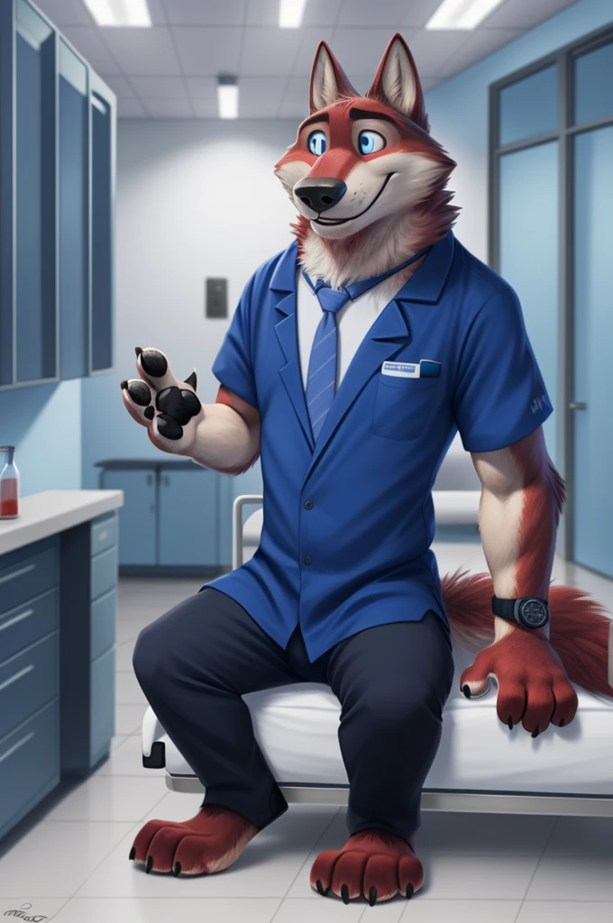 Joachim Wolfbach (Zootopia),tall handsome, wolf,young, 24 years, brown fur,(red body:1.3),Blue eyes, Moscow Dressed, in a medical gown, trousers, shirt, tie, cardiac surgeon,canine, wolf, detailed fur, Male, antro, paw pads, finger claws,Prays, at viewer, 5 fingers, paws, 5 fingers, smile, happy, sitting in the office , wrist watch,green stethoscope, т nextel, sitting at home in the blood laboratory, by xenoforge, (difficult, high detail, digital, photo, soft focus, RAW, dct doctor, hospital, Kids toys, , 13 детская hospital, operating,
photorealism, realistic, photorealistic, analog style, subsurface scattering, blood laboratory, draws blood from a finger,
masterpiece, Best quality, ultra realistic, 8 K)