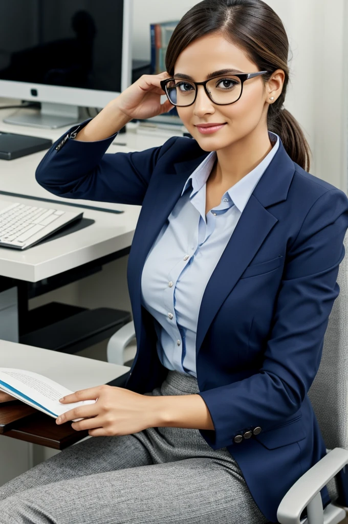A woman in office clothes and glasses