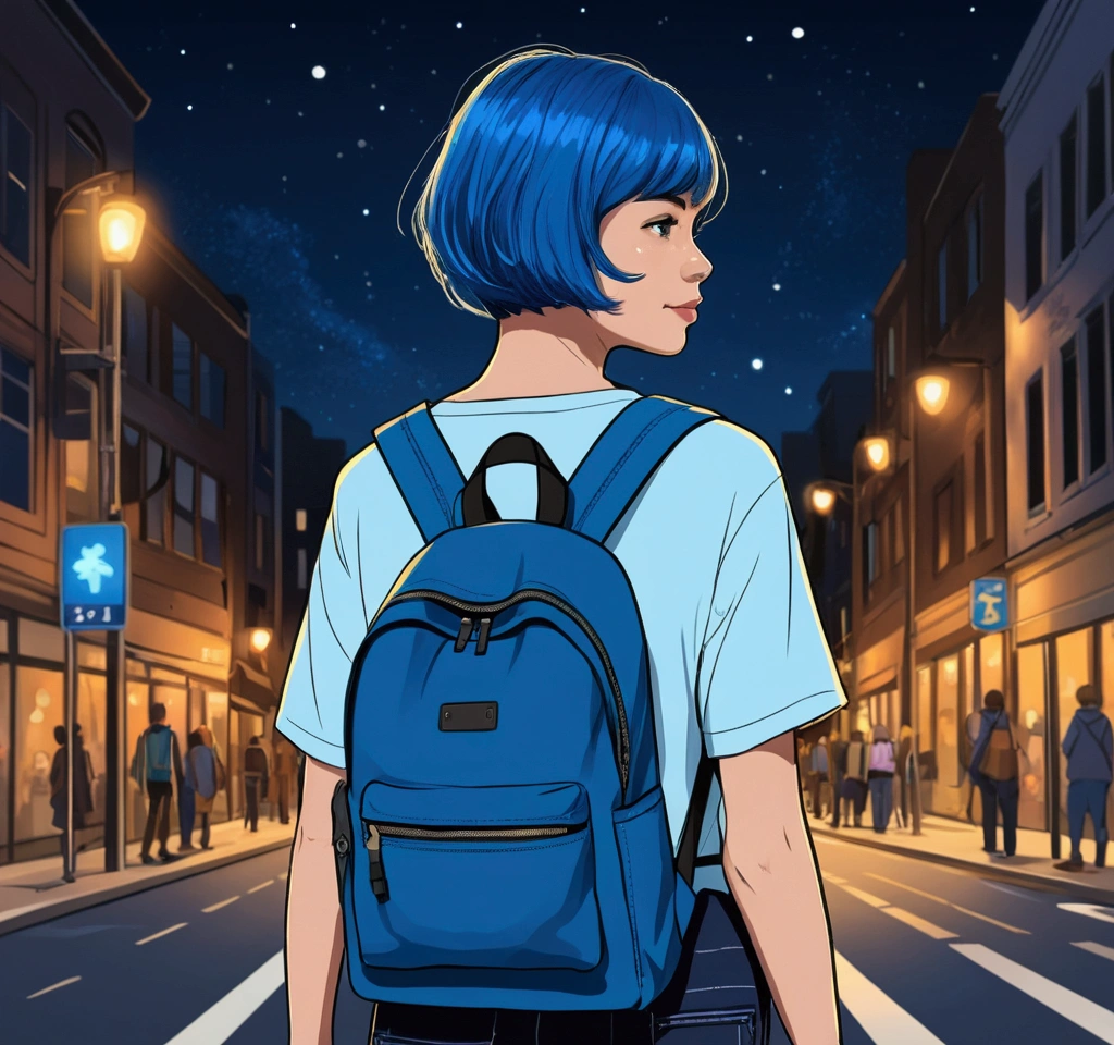 Drawing of a blue short hair girl with a backpack walking through the city at night,Communicating order and respect(Don't be beautiful)Meeting the boy