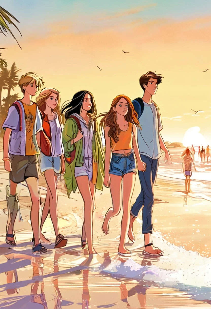 a group of teenagers were walking on the beach at morning, manga style, digital art, by Marshall Arisman, cover illustration, 70mm, 7 0 mm, 70 mm, book cover illustration, by Brigette Barrager, album cover, novel cover art for a book, art concept for a book cover, cover art, 7 feet tall,