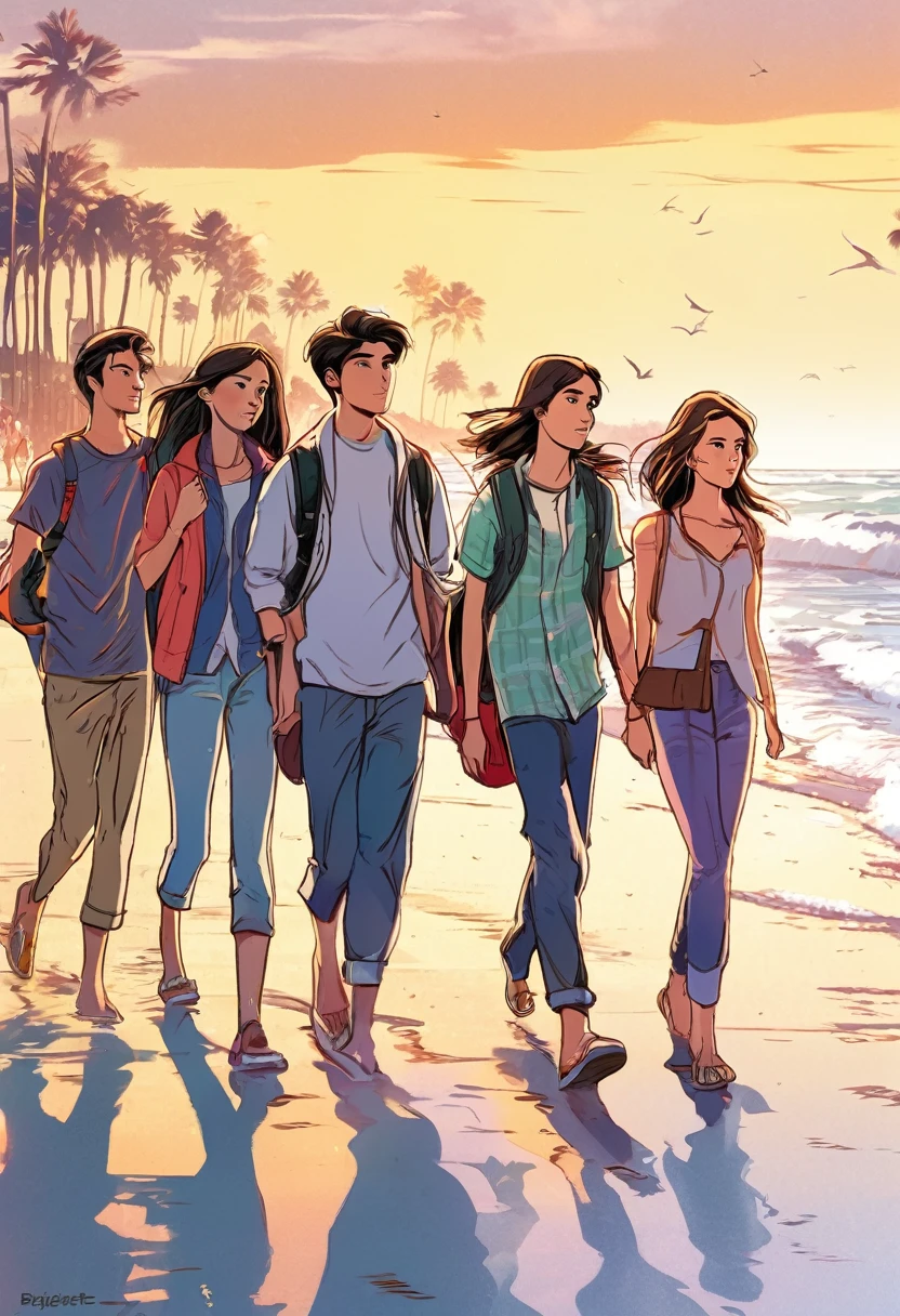 a group of teenagers were walking on the beach at morning, manga style, digital art, by Marshall Arisman, cover illustration, 70mm, 7 0 mm, 70 mm, book cover illustration, by Brigette Barrager, album cover, novel cover art for a book, art concept for a book cover, cover art, 7 feet tall,
