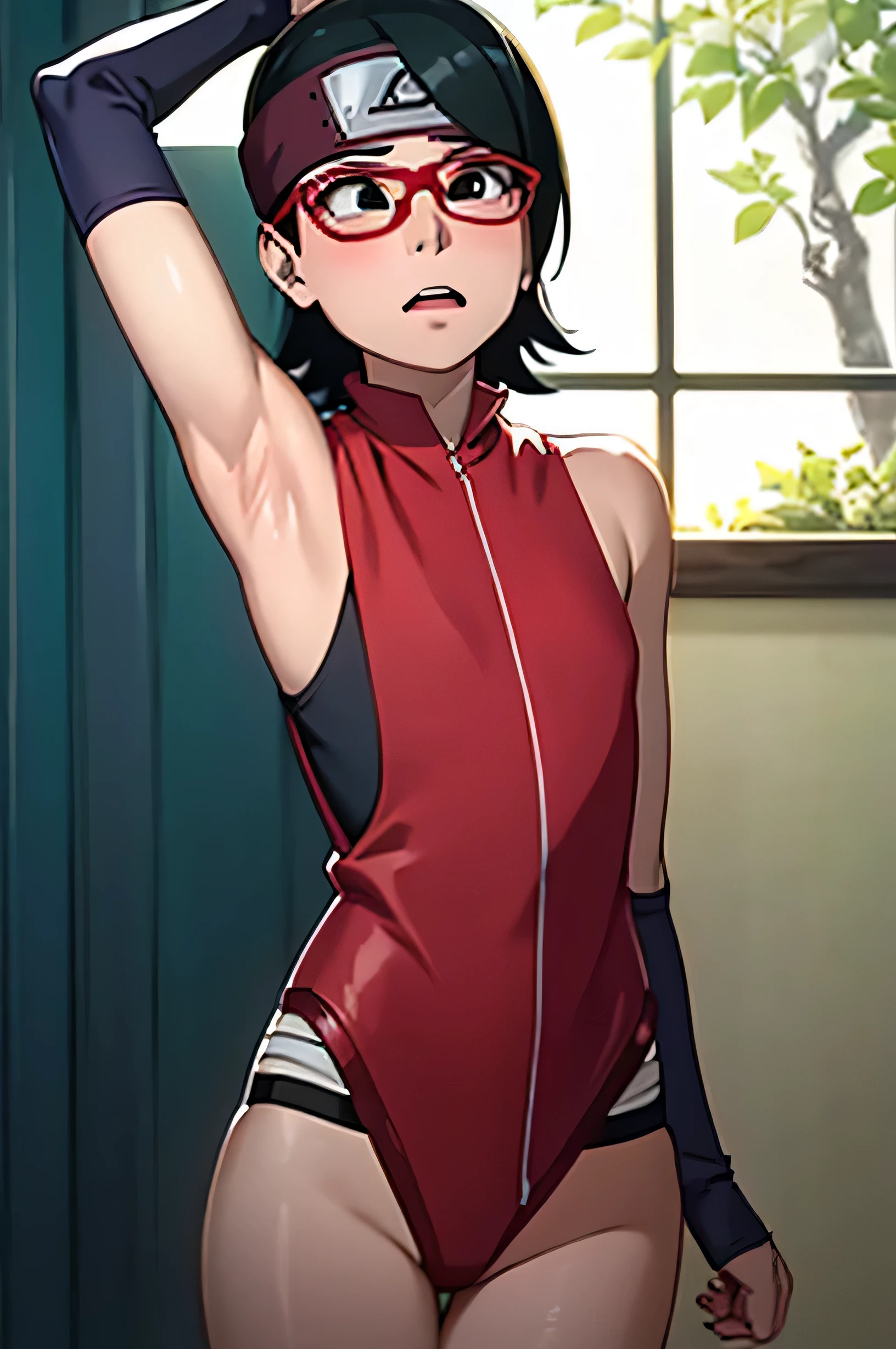 anime screencap, sarada uchiha, sarada, 1girl,solo, wavy black hair, wavy short hair, wavy hair, wavy hairstyle, black eyes,small breasts,armpits,wet armpits, showing wet armpits, armpit,armpits,sweat,sweaty,sweaty armpits,awesome armpits,tired,exhausted,arms up,red rimmed glasses,blackish arm warmers
