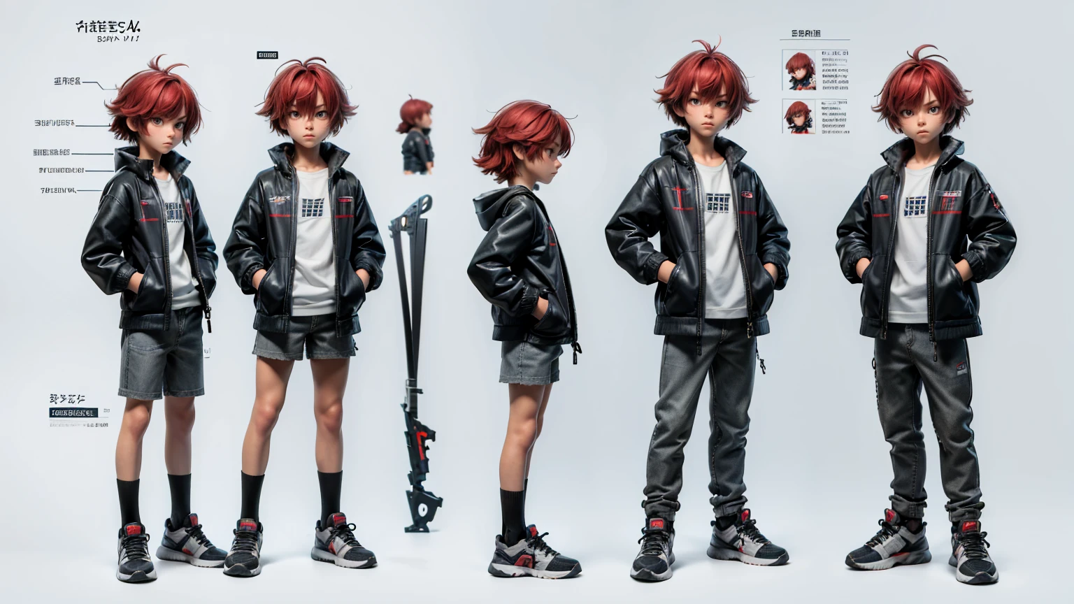 cute face boy, cute face, short height boy, wearing casual futuristic grey color pent, full standing pose, Shaggy Hair hairs, Shaggy Hair style hairs, red hair, sports shoes, Character Sheet, 12 yo student, Full body, Simple white background, front pose character reference sheet, Concept art, design sheet