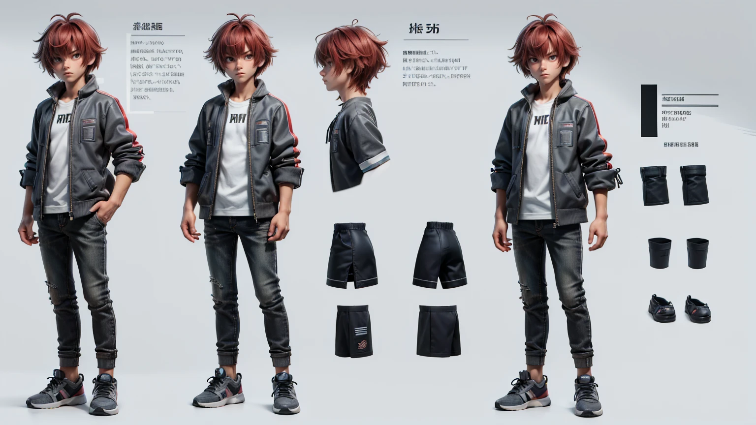 cute face boy, cute face, short height boy, wearing casual futuristic grey color pent, full standing pose, Shaggy Hair hairs, Shaggy Hair style hairs, red hair, sports shoes, Character Sheet, 12 yo student, Full body, Simple white background, front pose character reference sheet, Concept art, design sheet