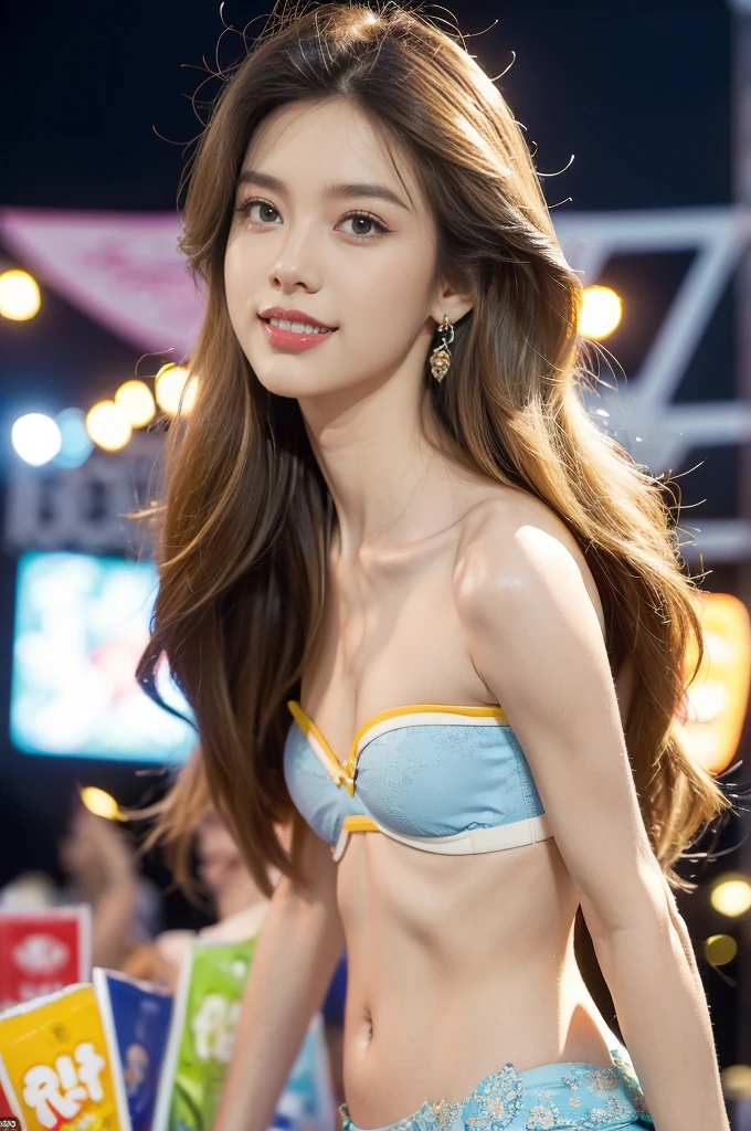 (((best quality))),(((ultra detailed))),(((masterpiece))),illustration,((a beautiful girl,solo)),(shoulder length straight hair:1.2),((slim,thin)),((small breasts,flat chest,claviclis,navel)),(strapless [blue|white] bra:1.5),(on the stage:1.3),((outside a shopping mall, at the entrance of a beer promotional event)),((surrounded by crowded crowds)),((hair and skirt fluttering in the air)),expressive eyes,infectious smile,the stage adorned with colorful decorations,vibrant atmosphere,(night scene:1.3),(from front:1.3),(close-up of face:1.3),