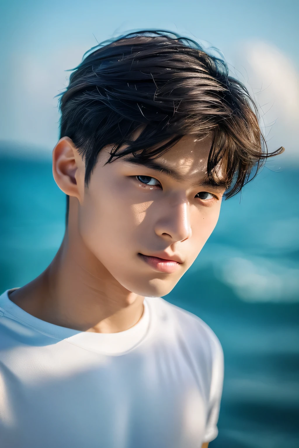 Highest quality, masterpiece, Ultra-high resolution, (Realistic: 1.4), Original photo, wallpaper, Head Photo, skin, Simple Background, Iris, detailed, Selfie, 1 boy, 18-year-old, good looking, Wind,Asahi、island