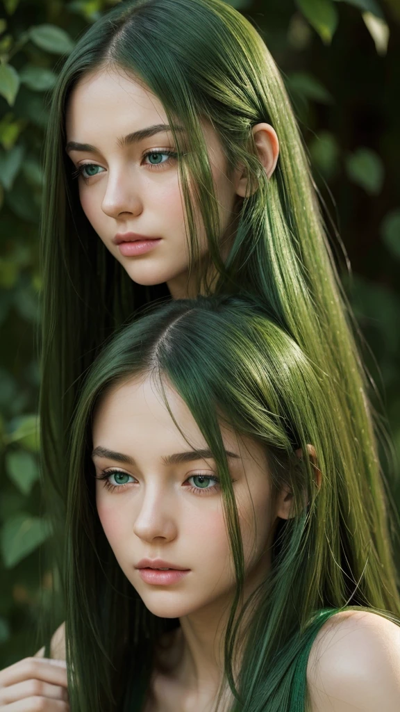a girl.  face sent feeling.  Europe.  Oval face.  long face.  delicate facial features.  half-closed eyes.  seductively seductive.  green eyes.  long straight hair.  green hair.  sad and disappointed