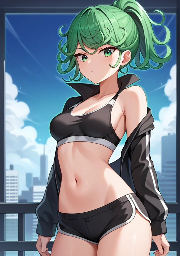 score_8_up, score_7_up, score_6_up, score_5_up, score_4_up, anime screenshot, looking at viewer, upper body,
1girl, tatsumaki, green hair, green eyes,very long hair,Ponytail, thighs, looking at viewer,
Black sports bra, shorts,medium breasts,
BREAK
standing, looking at viewer, city,