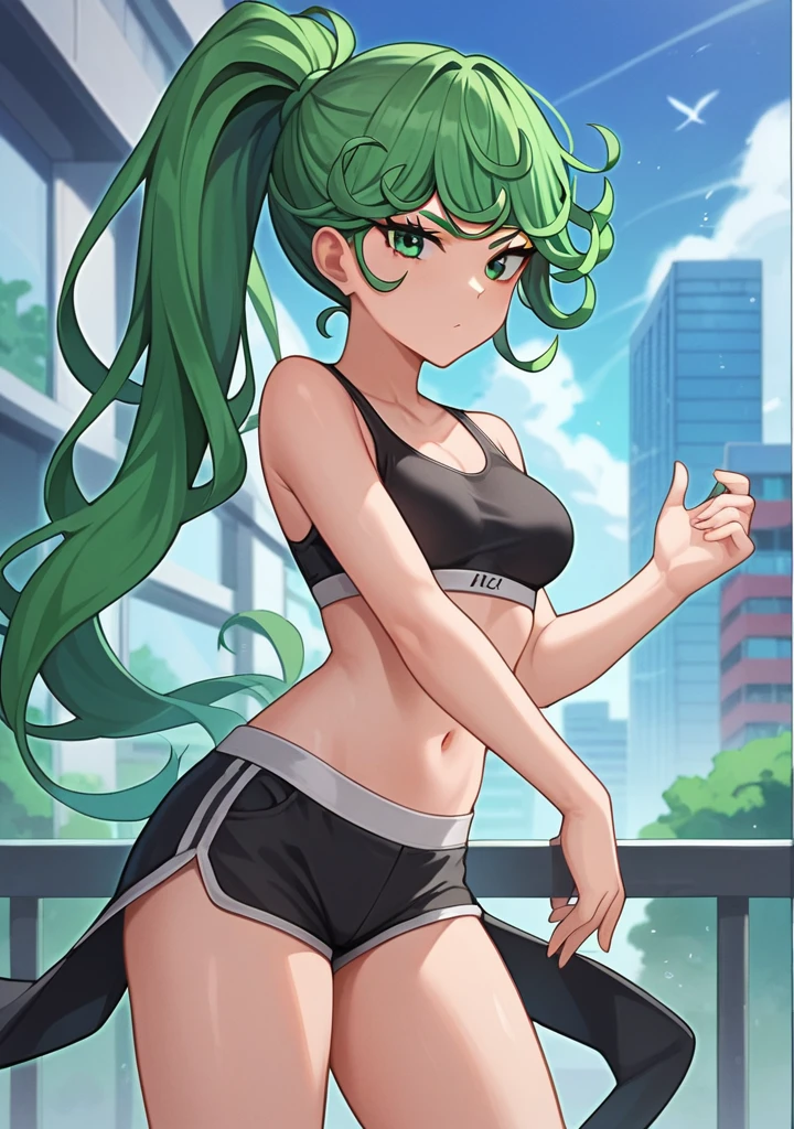 score_8_up, score_7_up, score_6_up, score_5_up, score_4_up, anime screenshot, looking at viewer, upper body,
1girl, tatsumaki, green hair, green eyes,very long hair,Ponytail, thighs, looking at viewer,
Black sports bra, shorts,medium breasts,
BREAK
standing, looking at viewer, city,
