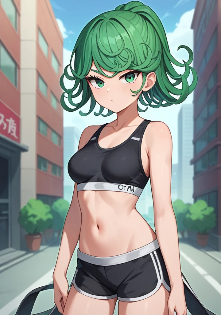 score_8_up, score_7_up, score_6_up, score_5_up, score_4_up, anime screenshot, looking at viewer, upper body,
1girl, tatsumaki, green hair, green eyes,very long hair,Ponytail, thighs, looking at viewer,
Black sports bra, shorts,medium breasts,
BREAK
standing, looking at viewer, city,