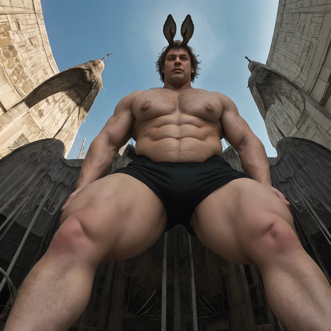 mothman, male, muscular, big belly, swollen belly, mothman shape, view from below