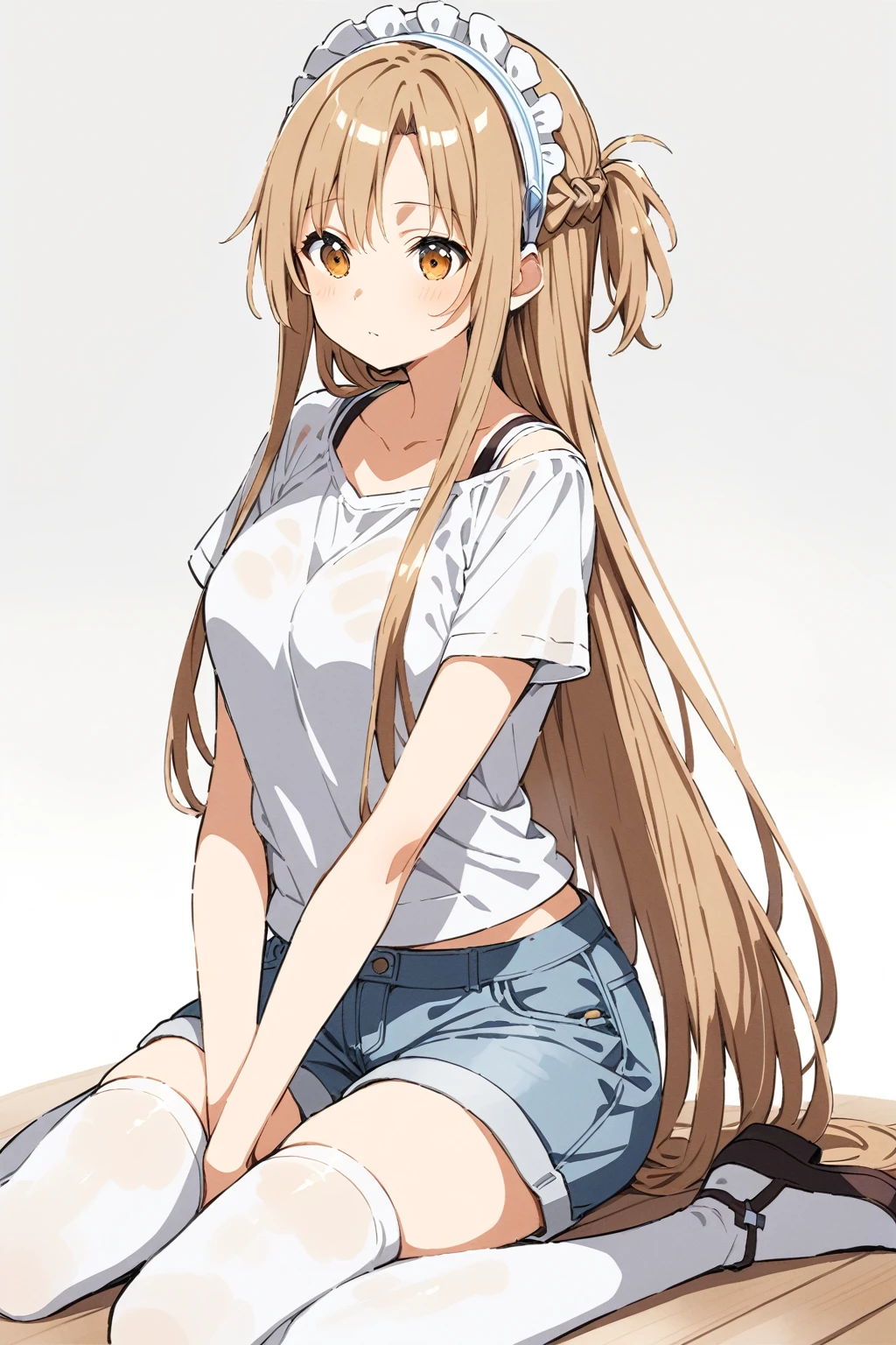 Watercolor (middle),1girl, asuna \(sao\), sword art online, solo, alone, wearing a bright white top and blue denim shorts, slightly plump and highlighting the girl's body lines. White stockings and cat ear headdress are the finishing touches. The girl chose to sit on the floor. This posture usually gives people a relaxed, relaxed feeling. Relaxed feeling, casual feeling, sexy figure, pure white background