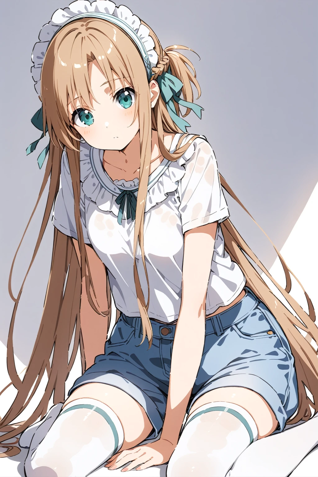 Watercolor (middle),1girl, asuna \(sao\), sword art online, solo, alone, wearing a bright white top and blue denim shorts, slightly plump and highlighting the girl's body lines. White stockings and cat ear headdress are the finishing touches. The girl chose to sit on the floor. This posture usually gives people a relaxed, relaxed feeling. Relaxed feeling, casual feeling, sexy figure, pure white background