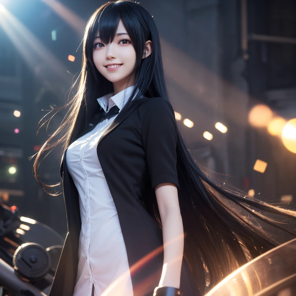 High resolution, Long Hair, Black Hair, smile, Wide-angle shot, accessories, Lens flare, 3D Rendering, Anime Style, slender