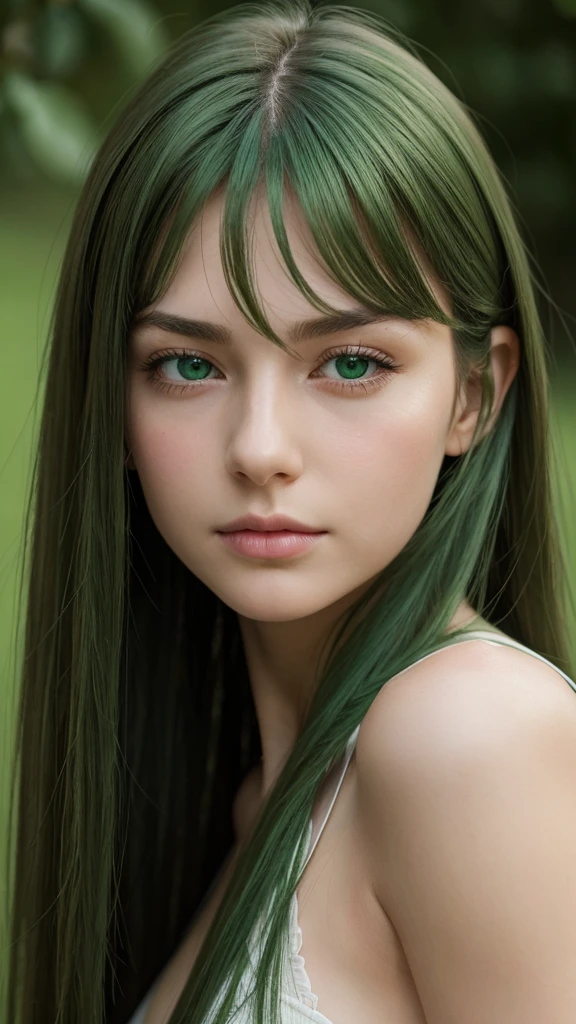 a girl. face sent feeling. Europe. Oval face. long face. delicate facial features. half-closed eyes. seductively seductive. green eyes. long straight hair. green hair. sad and disappointed