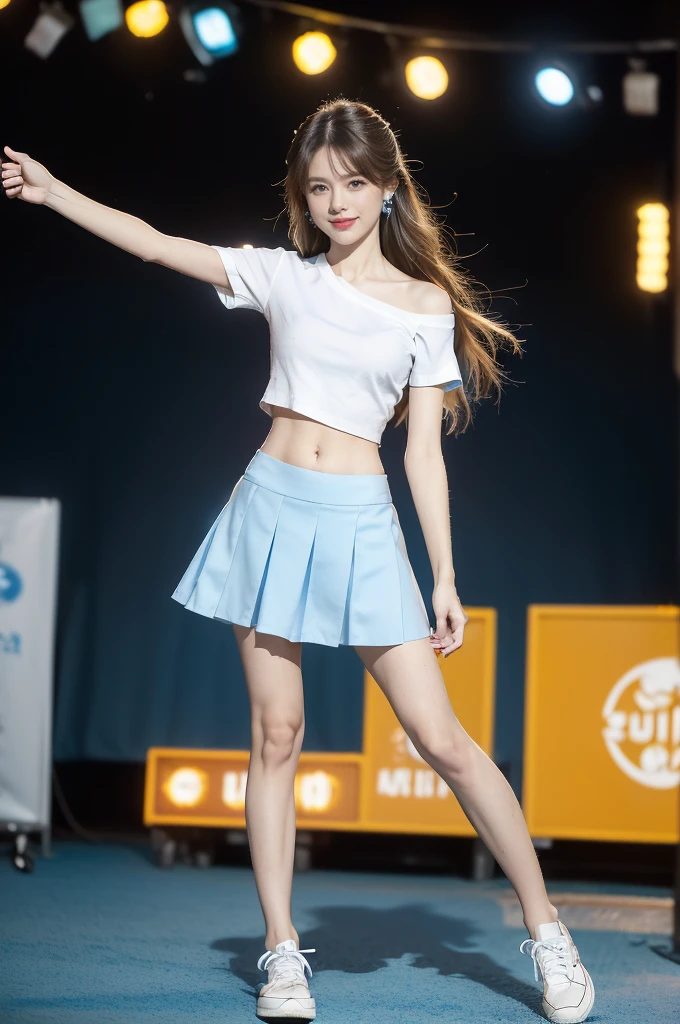 (((best quality))),(((ultra detailed))),(((masterpiece))),illustration,((a beautiful girl,solo)),(shoulder length straight hair:1.2),((slim,thin)),((small breasts,flat chest,claviclis,navel)),(blue short-sleeved white shirt:1.5),(blue mini-skirt:1.3),(slender legs:1.2),(sneakers:1.3),(standing:1.3),(on the stage:1.3),((outside a shopping mall, at the entrance of a beer promotional event)),((surrounded by crowded crowds)),((hair and skirt fluttering in the air)),expressive eyes,infectious smile,the stage adorned with colorful decorations,vibrant atmosphere,(night scene:1.3),(from front:1.3),(full body:1.3),