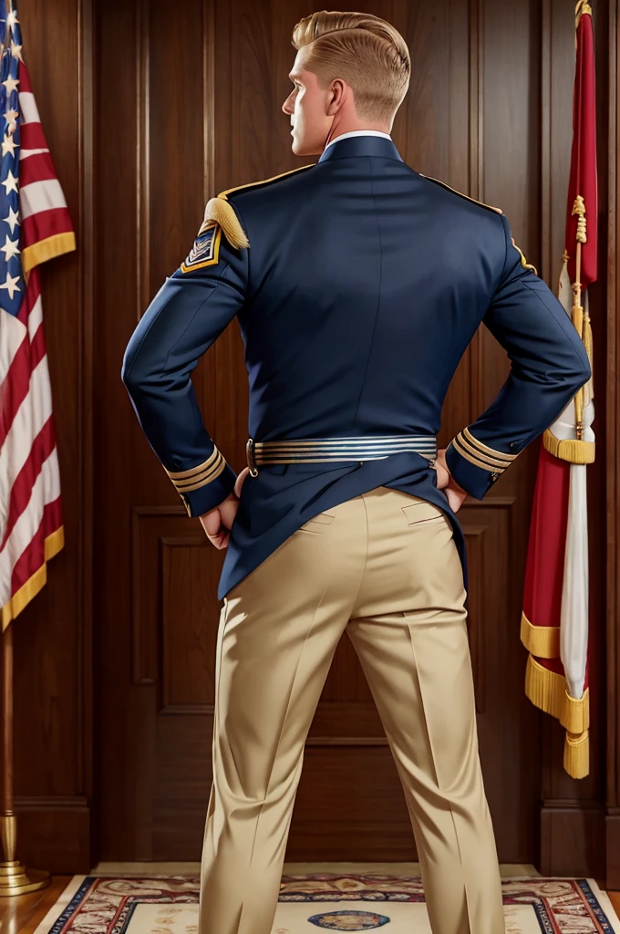 Leyendecker style illustration : A handsome blond guy, 17 years old, looks at the ceremonial officer's uniform of a "Navy Seal" with awards, which hangs on a suit hanger standing on the floor, and engages in masturbation. Watching him from behind is a ?????, blond, muscular Navy SEAL officer, 35 years old, handsome and arrogant. The officer has a big dick, an erection, and a ?????.