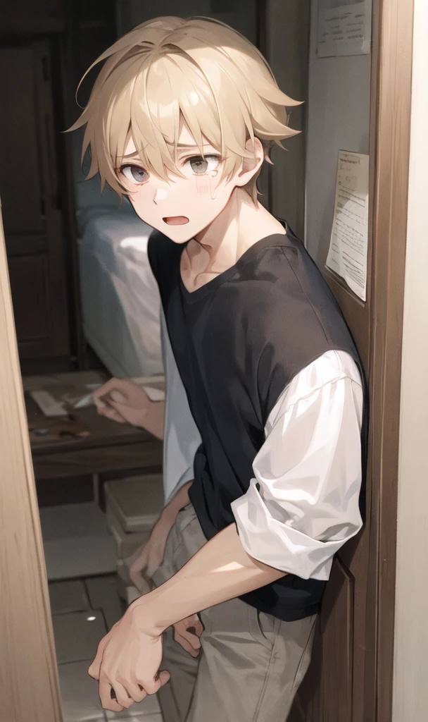 A boy comforting a crying in a host-like manner